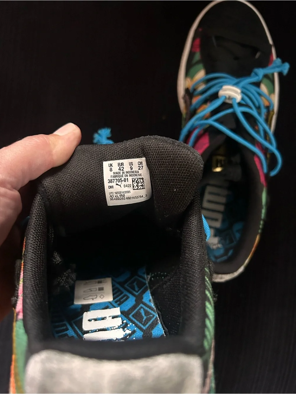 Puma Black Floral Sneakers with Bright Blue Laces